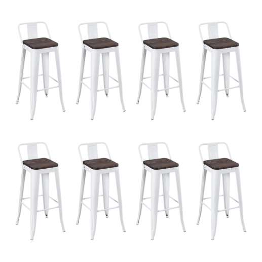 Produto Kit com 8 Banquetas altas Iron Tolix com encosto e assento de madeira rústica escura - Branco