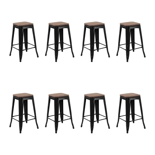 Produto Kit com 8 Banquetas Iron Tolix com assento de madeira rústica escura - 66 cm - Preto