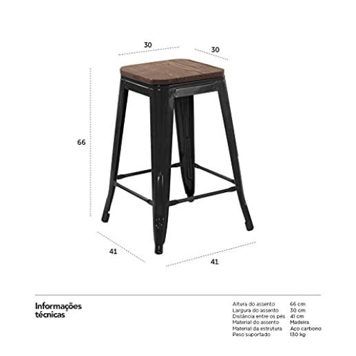 Produto Kit com 8 Banquetas Iron Tolix com assento de madeira rústica escura - 66 cm - Preto