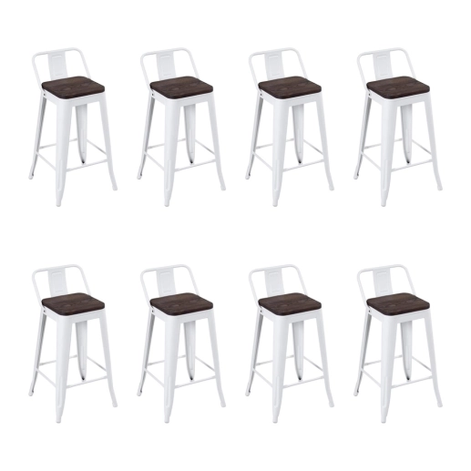 Produto Kit com 8 Banquetas Iron Tolix com encosto e assento de madeira rústica escura Kit 66 cm Kit Branco