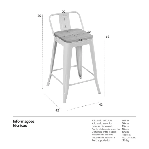 Produto Kit com 8 Banquetas Iron Tolix com encosto e assento de madeira rústica escura Kit 66 cm Kit Branco