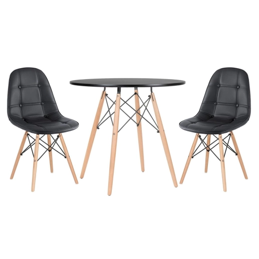 Mesa redonda Eames 80 cm preto + 2 cadeiras estofadas Eiffel Botonê Preto Produto Mesa redonda Eames 80 cm preto + 2 cadeiras estofadas Eiffel Botonê Preto
