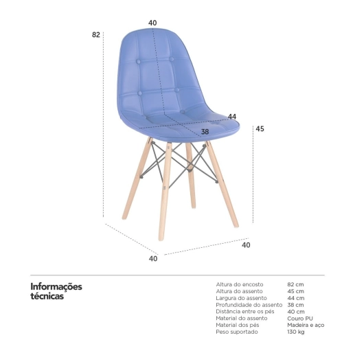 Produto Kit 10 Cadeiras de jantar Charles Eames Eiffel Botonê Estofada - Azul
