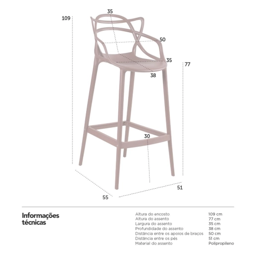 Produto Kit 2 Banquetas alta para bancada Master Allegra em Polipropileno 78 cm - Marrom