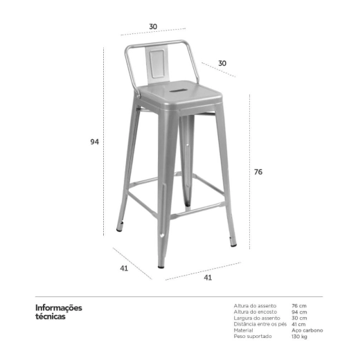 Banqueta alta para bancada Iron Tolix com encosto 76 cm – Prata Produto Banqueta alta para bancada Iron Tolix com encosto 76 cm – Prata