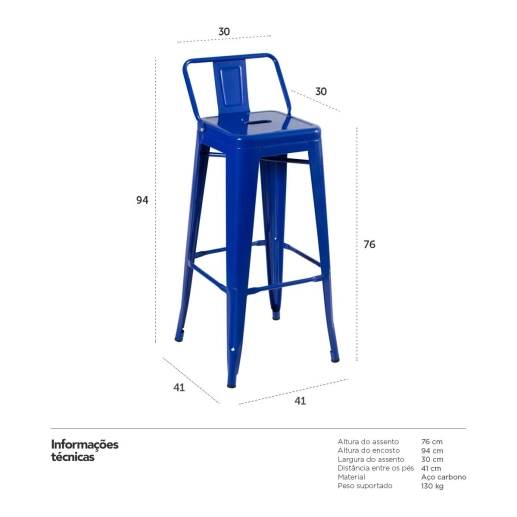 Produto Banqueta alta para bancada Iron Tolix com encosto 76 cm – Azul escuro