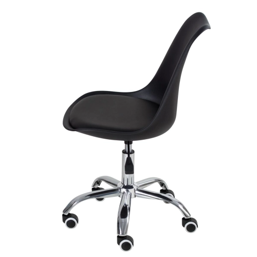 Cadeira Tulipa para Escritório com rodízios e assento estofado - Preto Produto Cadeira Tulipa para Escritório com rodízios e assento estofado - Preto