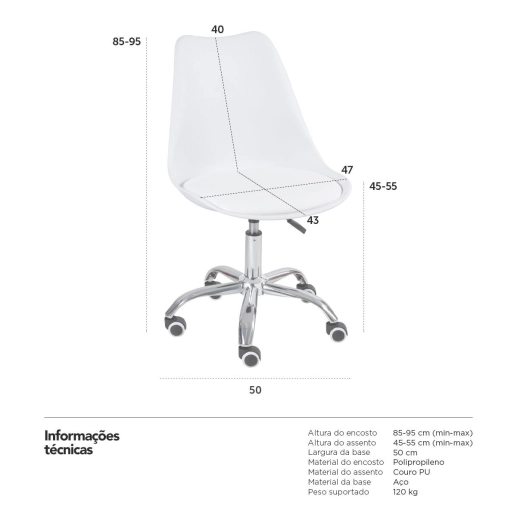 Produto Cadeira Tulipa para Escritório com rodízios e assento estofado - Branco