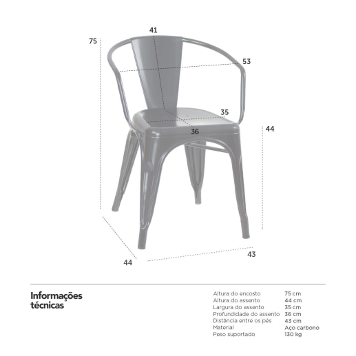 Cadeira de jantar Iron Tolix com braços em metal estilo industrial - Preto Produto Cadeira de jantar Iron Tolix com braços em metal estilo industrial - Preto