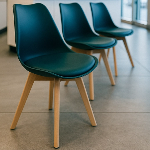 Cadeira de jantar Leda com assento estofado e design moderno - Verde escuro Produto Cadeira de jantar Leda com assento estofado e design moderno - Verde escuro