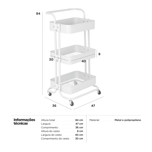 Produto Carrinho organizador Berlim cozinha escritório quarto 3 prateleiras