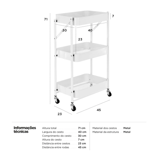 Produto Carrinho organizador Hong Kong cozinha escritório quarto 3 prateleiras