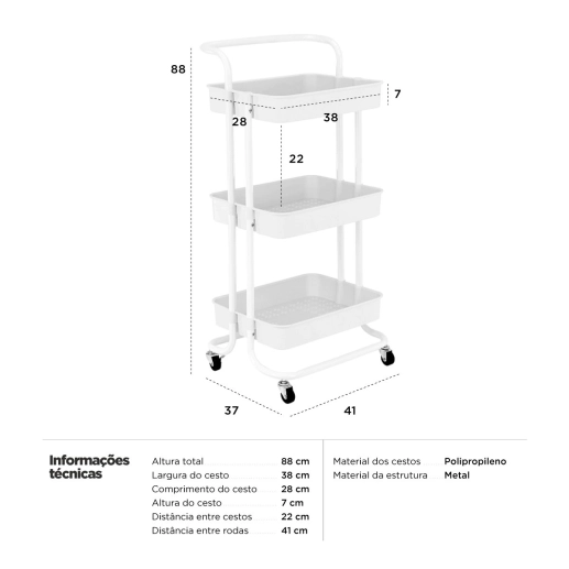 Produto Carrinho organizador multiuso quarto banheiro 3 prateleiras Creme