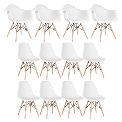 Kit 4 Cadeiras Eames DAW com Braços + 8 Cadeiras Eiffel DSW - Branco Produto Kit 4 Cadeiras Eames DAW com Braços + 8 Cadeiras Eiffel DSW - Branco