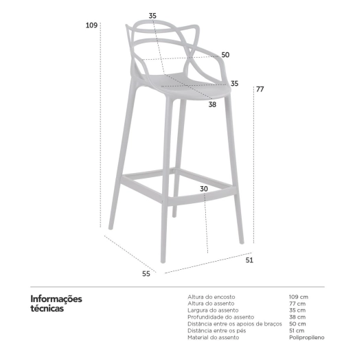 Produto Kit 2 Banquetas alta para bancada Master Allegra em Polipropileno 78 cm - Cinza escuro
