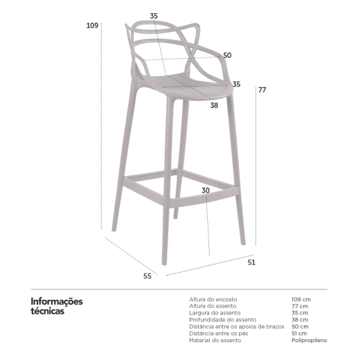 Produto Kit 3 Banquetas alta para bancada Master Allegra em Polipropileno 78 cm - Fendi