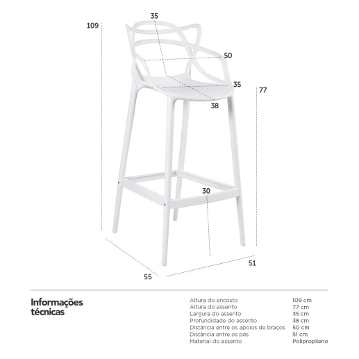 Kit 5 Banquetas alta para bancada Master Allegra em Polipropileno 78 cm - Branco Produto Kit 5 Banquetas alta para bancada Master Allegra em Polipropileno 78 cm - Branco