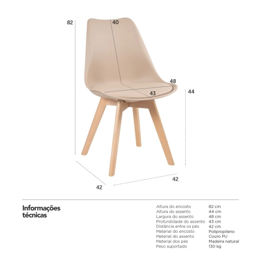 Produto Kit 5 Cadeiras de jantar Leda com assento estofado e design moderno - Nude
