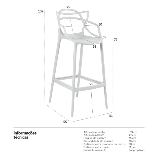 Produto Kit 3 Banquetas alta para bancada Master Allegra em Polipropileno 78 cm - Cinza claro