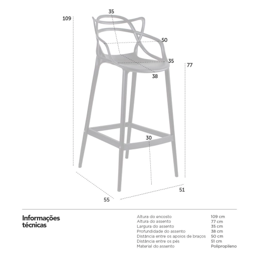 Produto Kit 6 Banquetas alta para bancada Master Allegra em Polipropileno 76 cm - Preto