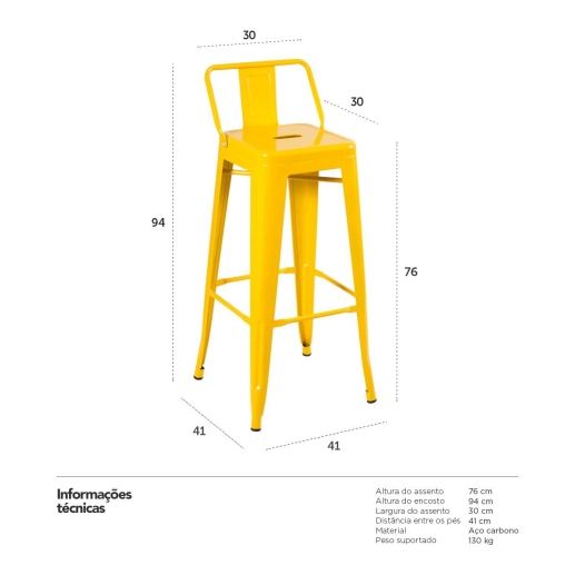 Kit 2 banquetas altas para bancada Iron Tolix com encosto 76 cm – Amarelo Produto Kit 2 banquetas altas para bancada Iron Tolix com encosto 76 cm – Amarelo