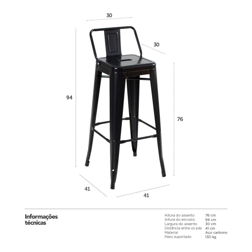 Kit 2 banquetas altas para bancada Iron Tolix com encosto 76 cm – Preto Semibrilho Produto Kit 2 banquetas altas para bancada Iron Tolix com encosto 76 cm – Preto Semibrilho