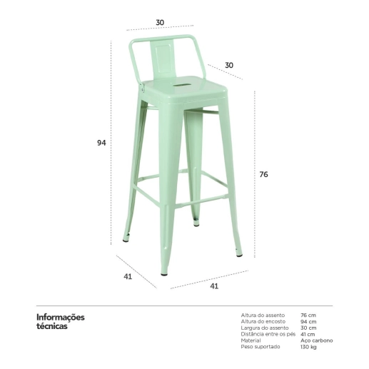 Produto Kit 4 banquetas altas para bancada Iron Tolix com encosto 76 cm – Verde claro