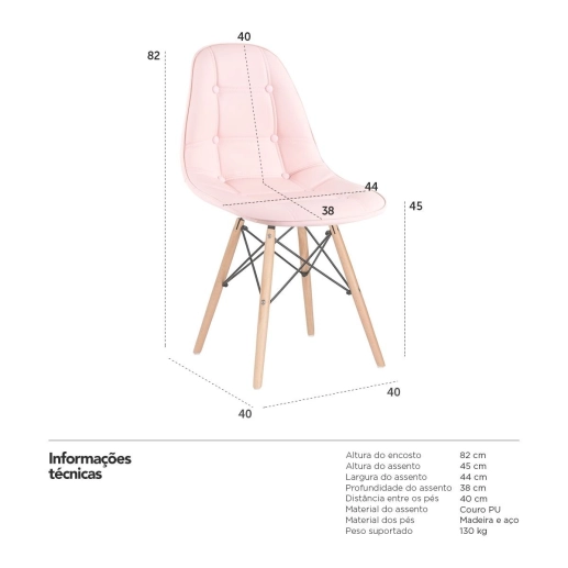 Produto Kit 4 Cadeiras de jantar Charles Eames Eiffel Botonê Estofada - Rosa claro