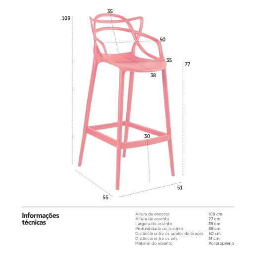 Produto Kit 6 Banquetas alta para bancada Master Allegra em Polipropileno 78 cm - Vermelho