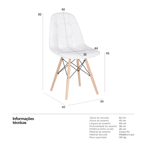 Produto Kit 6 Cadeiras de jantar Charles Eames Eiffel Botonê Estofada - Branco