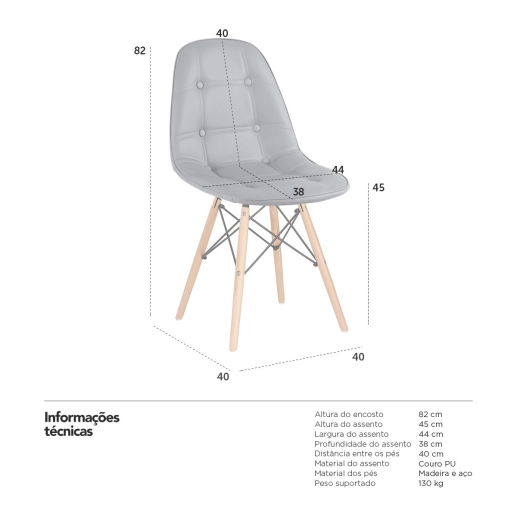 Produto Kit 6 Cadeiras de jantar Charles Eames Eiffel Botonê Estofada - Cinza