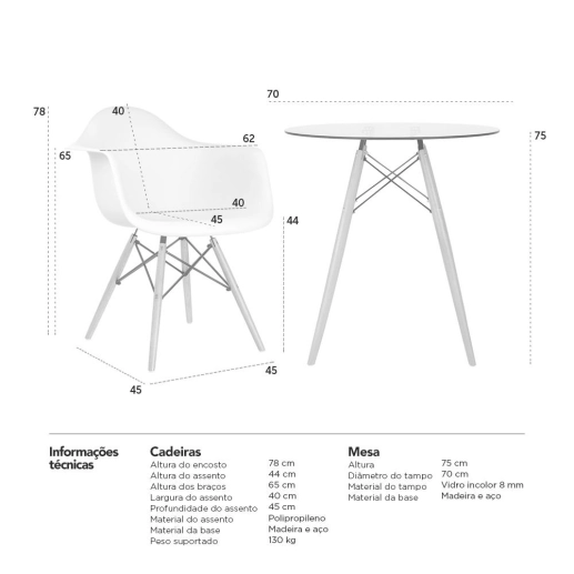 Produto Kit Mesa de Vidro Eames 70 cm + 2 Cadeiras Eames DAW - Marrom