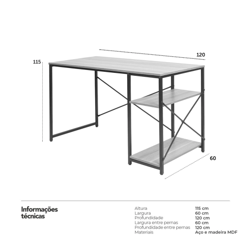 Produto Mesa Escrivaninha de Escritório Flan com Apoio Lateral 120 cm X 60 cm - Preto