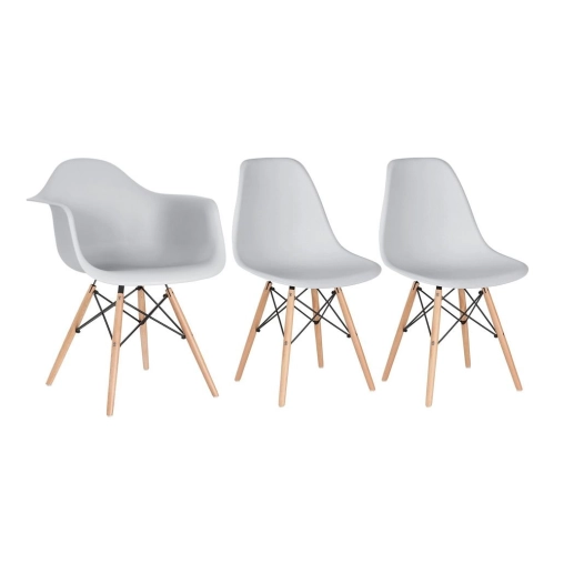 Produto Kit 1 cadeiras Charles Eames DAW com braços + 2 cadeiras Eiffel DSW - Cinza Claro