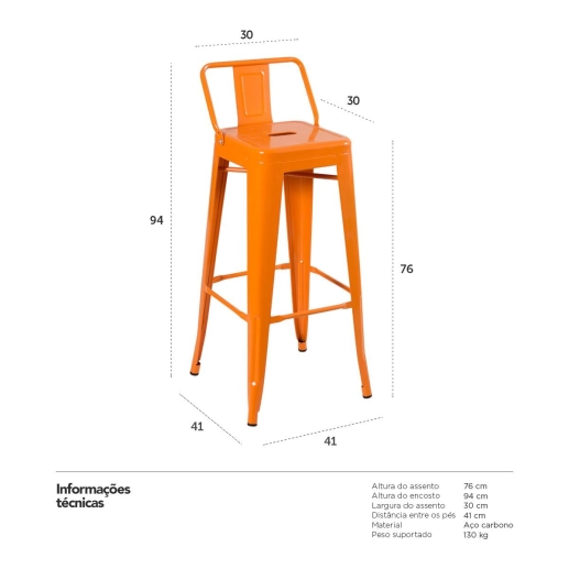 Kit 2 banquetas altas para bancada Iron Tolix com encosto 76 cm – Laranja Produto Kit 2 banquetas altas para bancada Iron Tolix com encosto 76 cm – Laranja