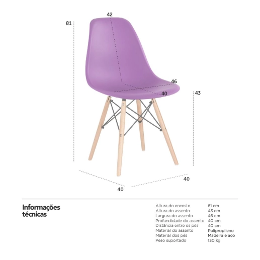 Produto Kit 2 Cadeiras de jantar Charles Eames Eiffel DSW em Polipropileno - Roxo