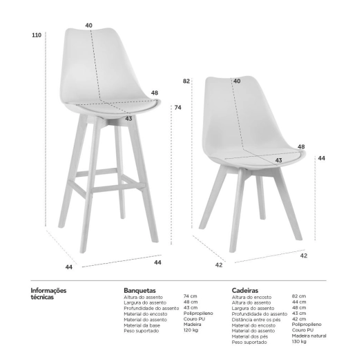 Produto Kit 2 banquetas + 4 cadeiras estofadas Leda - Branco