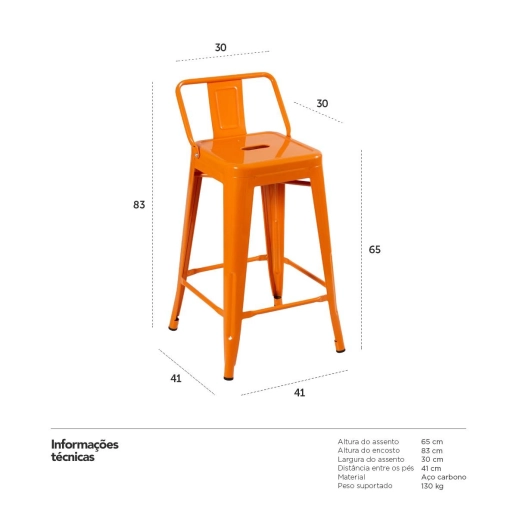 Kit 2 banquetas médias para bancada Iron Tolix com encosto 66 cm - Laranja Produto Kit 2 banquetas médias para bancada Iron Tolix com encosto 66 cm - Laranja