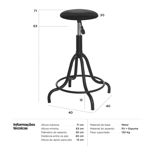 Kit 3 banquetas estofadas e giratórias para bancada industrial West – Preto Produto Kit 3 banquetas estofadas e giratórias para bancada industrial West – Preto