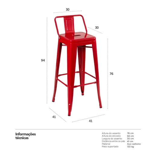 Produto Kit 3 banquetas altas para bancada Iron Tolix com encosto 76 cm – Vermelho