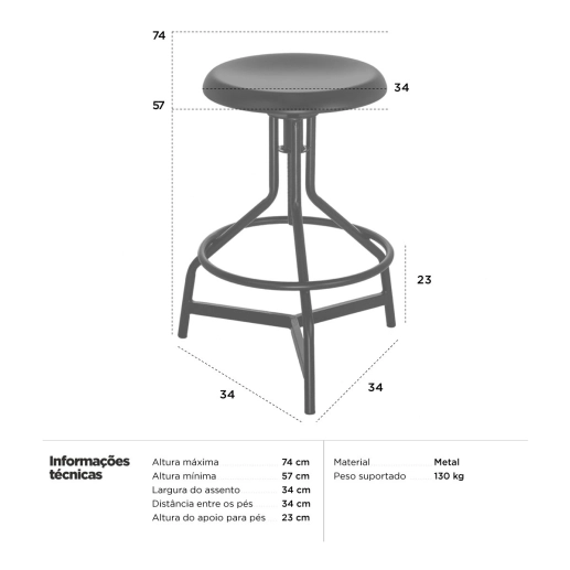 Kit 4 banquetas altas para cozinha industrial York com banco giratório - Preto Produto Kit 4 banquetas altas para cozinha industrial York com banco giratório - Preto
