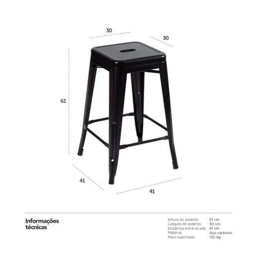 Kit 4 Banquetas média para bancada Iron Tolix 61 cm - Preto Produto Kit 4 Banquetas média para bancada Iron Tolix 61 cm - Preto
