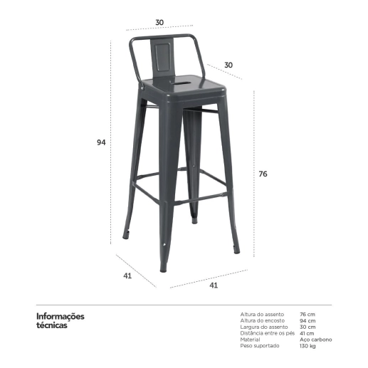 Kit 5 banquetas altas para bancada Iron Tolix com encosto 76 cm – Cinza Escuro Produto Kit 5 banquetas altas para bancada Iron Tolix com encosto 76 cm – Cinza Escuro