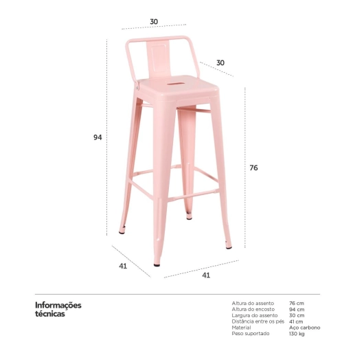 Kit 5 banquetas altas para bancada Iron Tolix com encosto 76 cm – Rosa antigo Produto Kit 5 banquetas altas para bancada Iron Tolix com encosto 76 cm – Rosa antigo