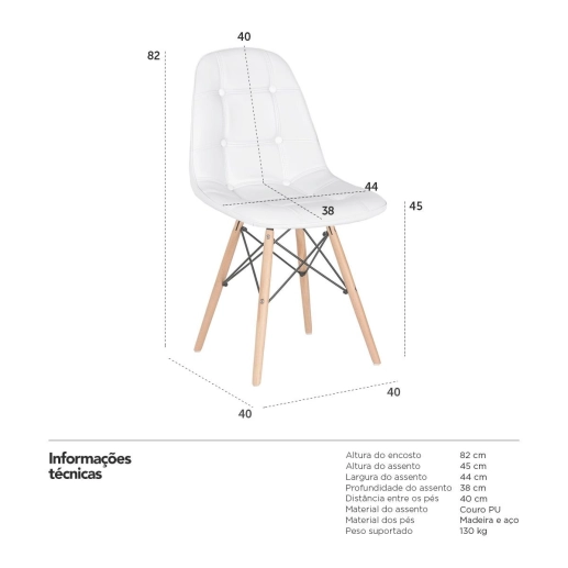 Produto Kit 5 Cadeiras de jantar Charles Eames Eiffel Botonê Estofada – Branco