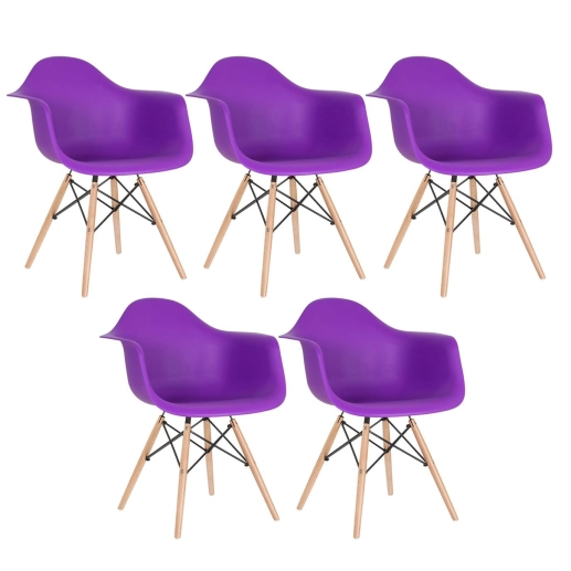 Produto Kit 5 cadeiras Charles Eames Eiffel DAW com braços e pés de madeira clara Roxo
