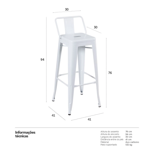Produto Kit 6 banquetas altas para bancada Iron Tolix com encosto 76 cm – Branco