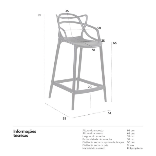 Produto Kit 6 Banquetas média para bancada Master Allegra em Polipropileno 66 cm - Cinza Claro