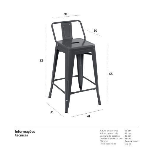 Produto Kit 6 banquetas médias para bancada Iron Tolix com encosto 66 cm - Cinza escuro