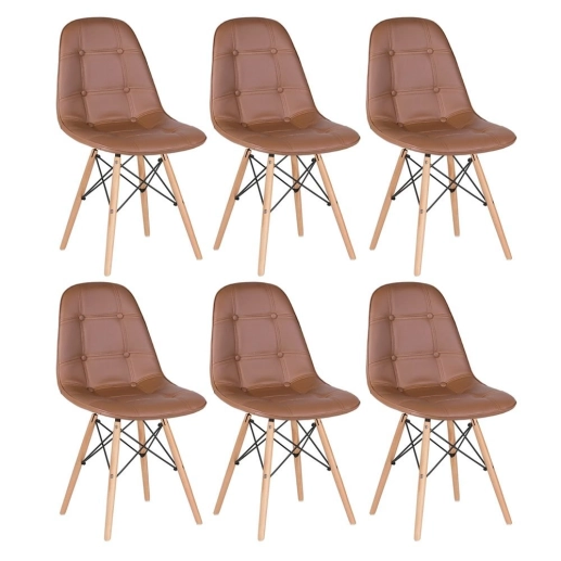 Kit 6 Cadeiras de jantar Charles Eames Eiffel Botonê Estofada - Marrom Produto Kit 6 Cadeiras de jantar Charles Eames Eiffel Botonê Estofada - Marrom